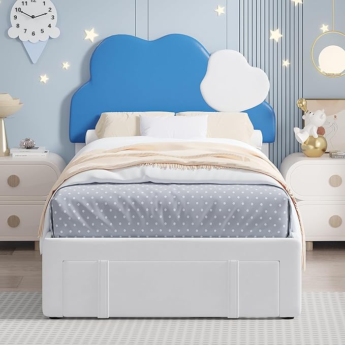 VECELO Twin Size Bed Frame, Upholstered Platform Bedframe with Height Adjustable Cloud-Shaped Headboard, Strong Wood Slat Supports, No Box Spring Needed, Blue