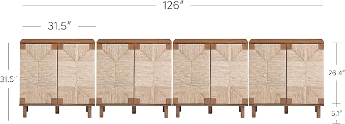 Nathan James Beacon Boho Accent Cabinet with Doors, TV Stand with Adjustable Interior Shelf and Seagrass Accent, Dark Brown, Set of 4