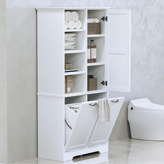 68" Tall Bathroom Storage Cabinet with Two Doors and Two Laundry Hampers for Home Display Organizer, Adjustable Shelf, White