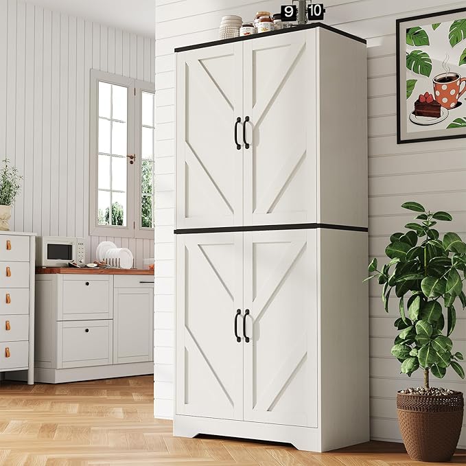 IDEALHOUSE 70" Kitchen Pantry Storage Cabinet, Farmhouse Kitchen Cabinet with 4 Doors & 3 Adjustable Shelves, Freestanding Cupboard for Dining Room,Living Room,White