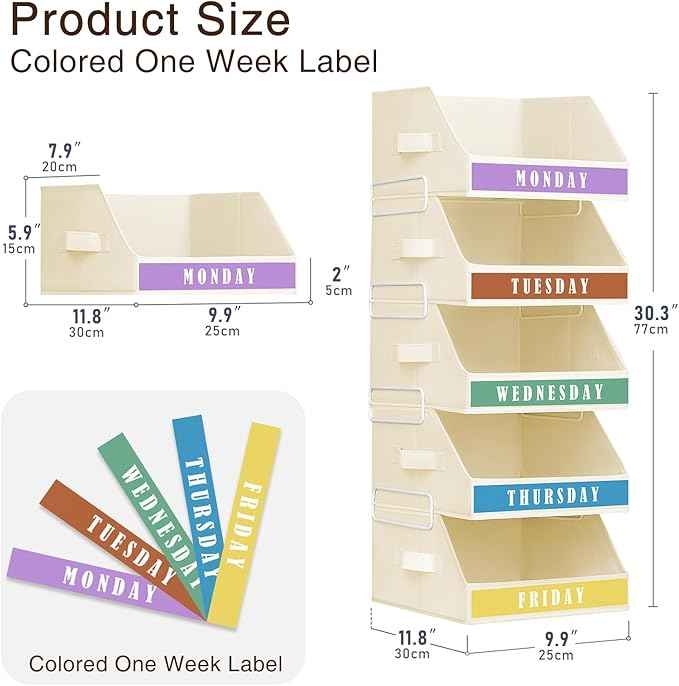 Closet Organizers and Storage - 5 Tier Shelf Organizer wiht Weekly Labels, Stackable Storage Bins with Metal Frame, Grey & Beige