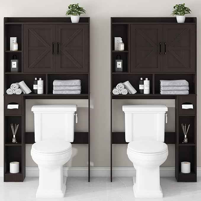 Over The Toilet Storage Cabinet, Farmhouse Storage Cabinet Over Toilet with 2 Barn Door & Toilet Paper Holder Stand, Home Space-Saving Toilet Rack, for Bathroom, Restroom (Black)