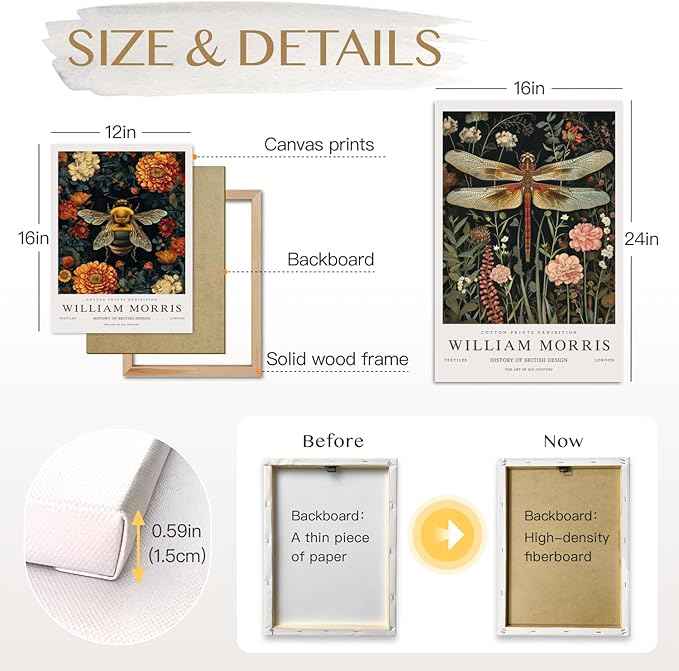 Hianan William Morris Animal Botanical Inspired Canvas Wall Art, Vintage Dragonfly Bee Butterfly Poster Prints, Maximalist Nature Flower Aesthetic Pictures for Living Room Bedroom Framed 12"x16"x3