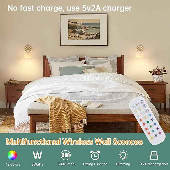 Vintage Battery Operated Wall Sconce, 5000mAh Wireless Rechargeable Wall Light, Indoor Battery Powered Wall Lamp for Bedside Bedroom Living Room, Tulip White