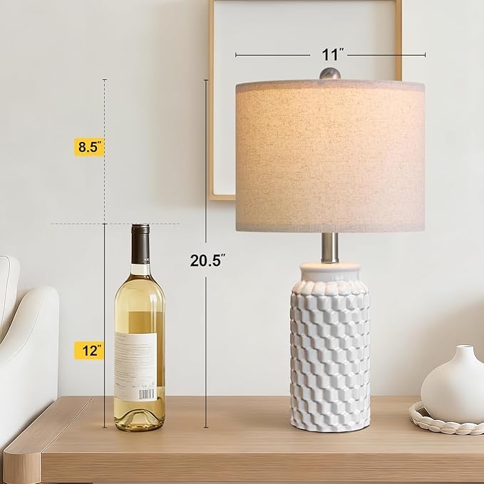 20.5" White Modern Ceramic Bedside Lamp Set of 2 for Bedroom Decor Farmhouse Table Lamp for Living Room Office Dorm