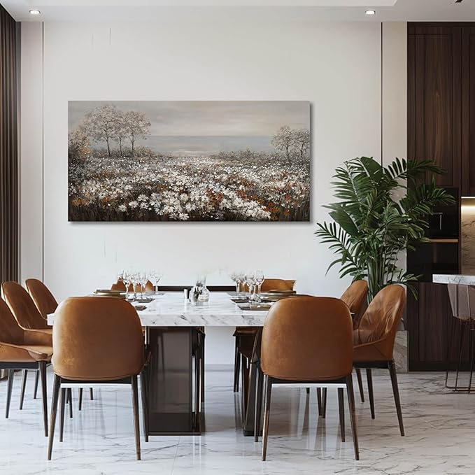 GAIDUOMAI Farmhouse Decor Tree and Ocean Wall Art White Flowers Vintage Artwork 24"x48" Grey Pictures Wall Decor for Dining Room Bedroom Office