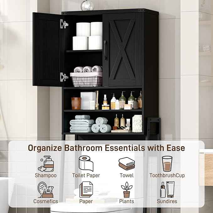 Vabches Over The Toilet Storage Cabinet, Farmhouse Over Toilet Storage Cabinet, Metal Frame with 2 Barn Doors, Home Space-Saving Toilet Rack for Bathroom, Toilet, Laundry Room,Black