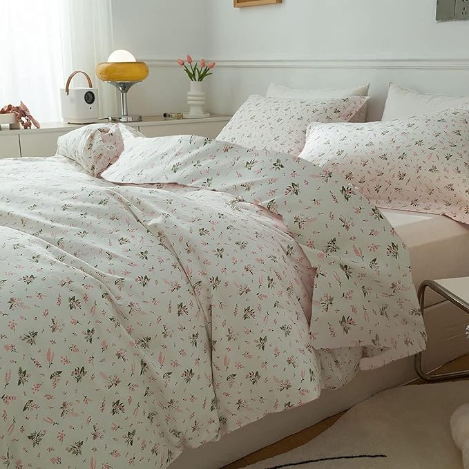 LifeTB Garden Pink Floral Comforter Set Queen Size Vintage Boho Floral Bedding Comforter Queen with 2 Pillowcases Fluffy Soft All Seasons Bedding Set Cottagecore Flowers Botanical Comforter Set