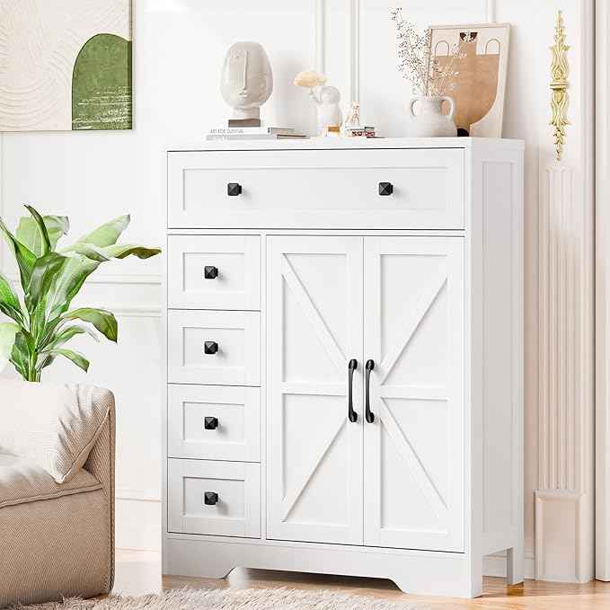 Vabches Farmhouse Storage Cabinet with 2 Doors and 5 Drawers, Freestanding Bathroom Cabinets Kitchen Pantry, Floor Storage Cabinet Hutch Cupboard for Living Room/Bathroom/Kitchen.White