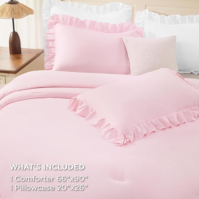 Andency Pink Twin Size Comforter Set(66x90Inch), 2 Pieces(1 Ruffle Comforter and 1 Pillowcase) Lightweight Fluffy Bedding Comforter Sets for Kids, All Season Soft Microfiber Bedding Set