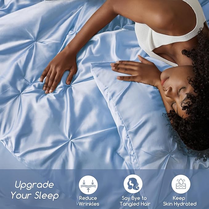 MR&HM Satin Comforter Full 7 Pieces - Luxurious Pinch Pleat Bedding Set with Comforter, Flat Sheet, Fitted Sheet, Pillowcases & Shams, Super Silky Soft Bed Set for All Season (Full, Light Blue)