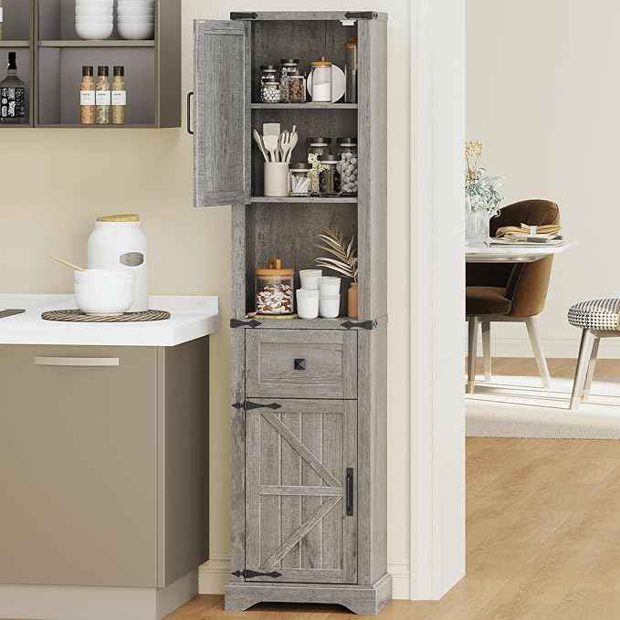 Vabches 66" Tall Farmhouse Bathroom Storage Cabinet with Barn Doors and Drawer, Narrow Storage Unit, Adjustable Shelves & 5-Tier Space, Freestanding Cabinet for Bathroom, Entryway, Kitchen, Grey
