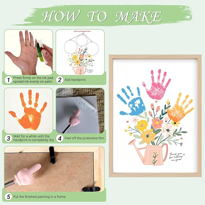 Totomogug Handprint Flower Bouquet Art Kit – 2 Large Sheets (12"x16") with Wood Frame, Non-Toxic 6-Color Inkpad, DIY Keepsake Craft Gift for Mom & Grandma for Mother's Day Birthday Thanksgiving