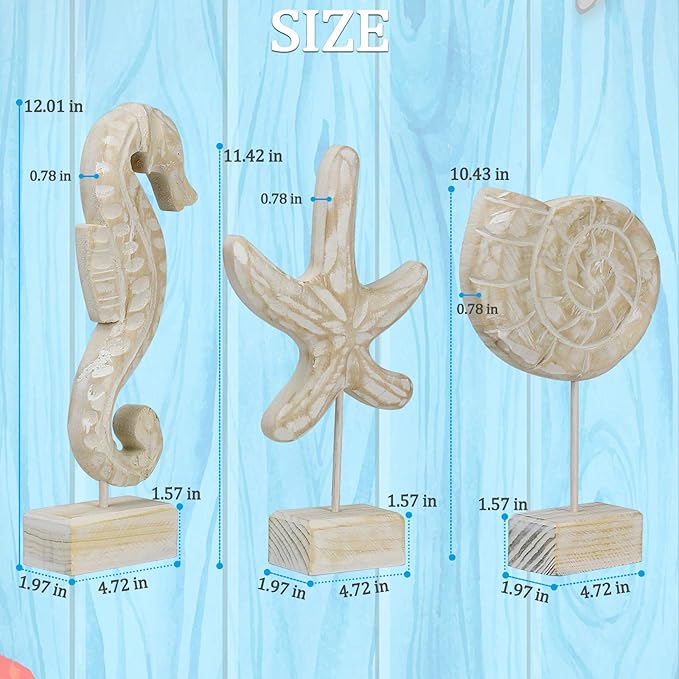 3pcs Wood Handmade Beach Nautical Style Figurines Starfish/Conch/Seahorse Statue Home Decor Beach Decor Coastal Decor