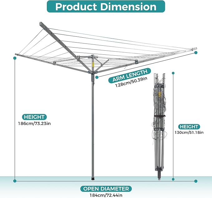 JS HANGER Umbrella Clothesline Outdoor, Height Adjustable Rotary Clothes Drying Rack 131Feet/45m Retractable Clothesline Dryer with 4 Arms