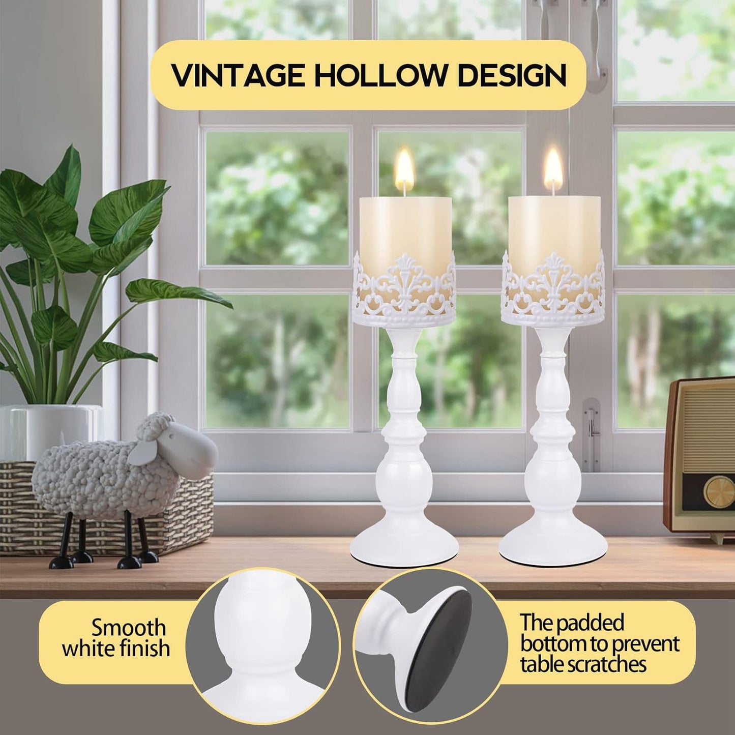 Candle Holders for Pillar Candles Gothic Matte Black Vintage Tall Candle Holders Set of 2 Decorative Large Table Centerpieces Candle Stand Decor (White 2PCS A)