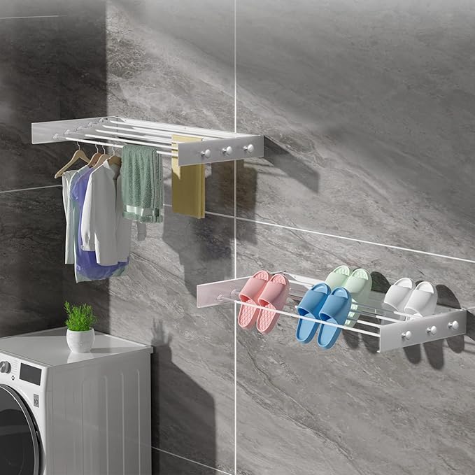 Upgrade 6 Knob Wall Mounted Clothes Drying Rack, Foldable Collapsible, Indoor, Clothing & Towel Drying Rack with Wall Template, 5 Rods, 31.5