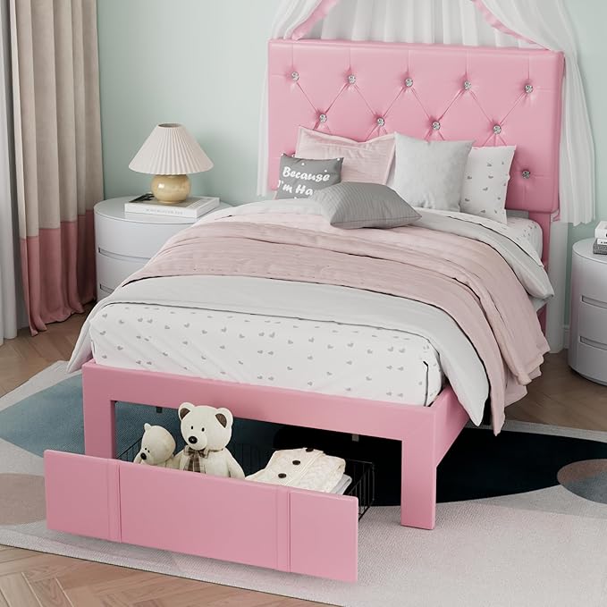 VECELO Twin Size Bed Frame with Storage Drawers, Leather Upholstered with Diamond Tufted Headboard, Solid Wood Slat Support, No Box Spring Needed, PU & Pink