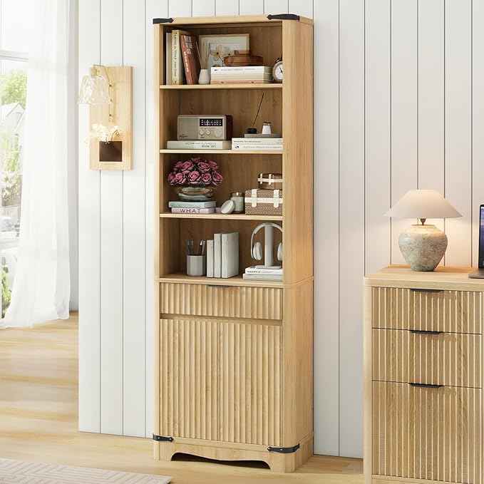 Fluted Bookcase with Doors and Drawer, Modern Farmhouse 70.47'' Tall Narrow Bookshelf with Storage, Wooden Floor Standing 6 Shelf Display Book Shelf Organizer for Home Office, Living Room, Oak