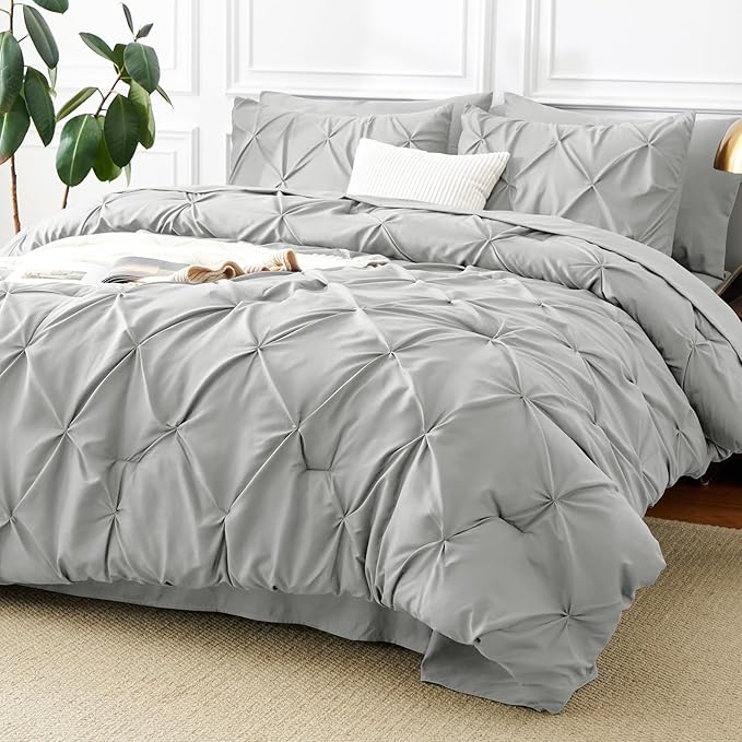 CozyLux Twin XL Comforter Set Light Grey, 5 Pieces Twin Extra Long Pintuck Bed in A Bag for College Dorm, Pinch Pleat Bedding Set with Comforter, Sheets, Pillowcase & Sham