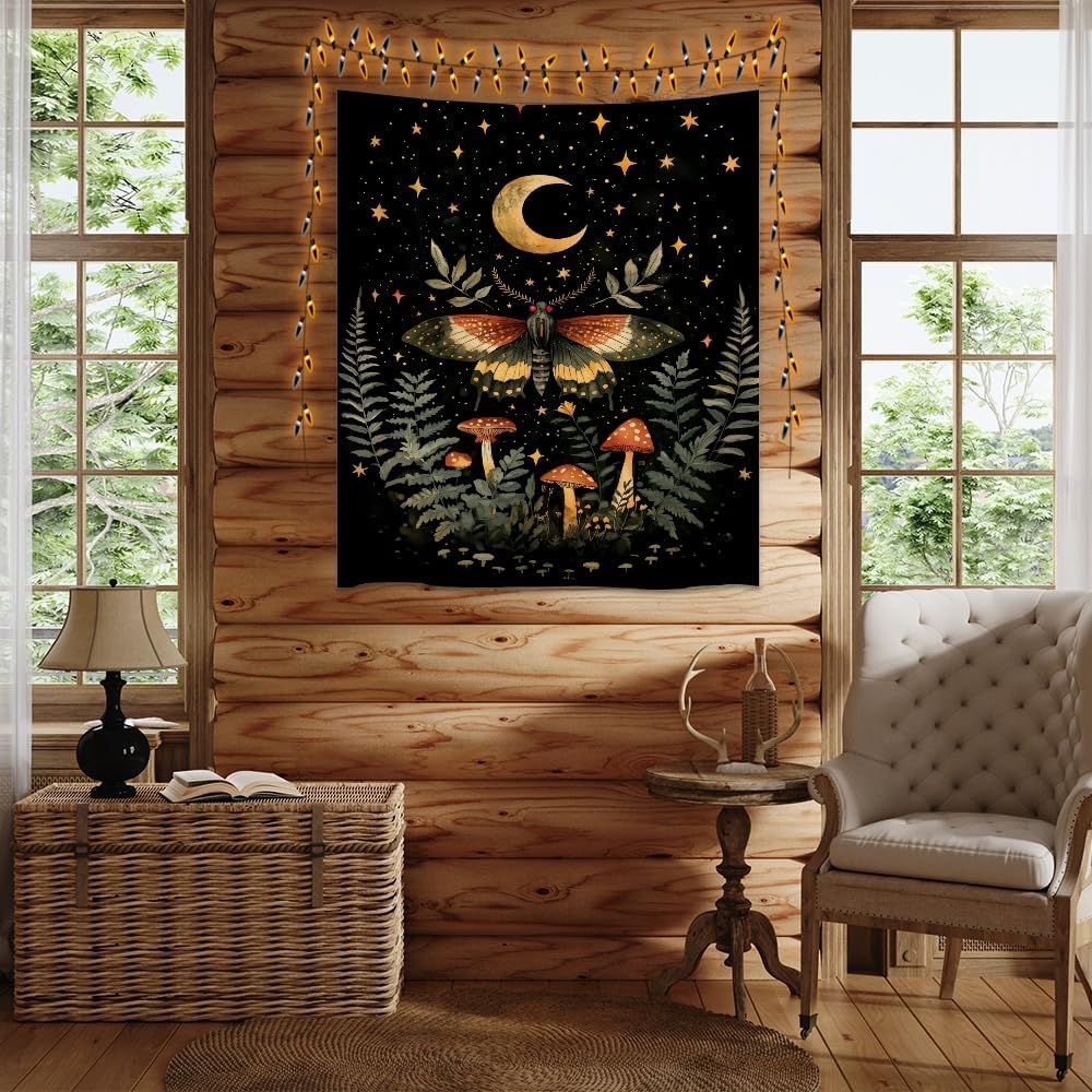 Mystical Moth Mushroom Tapestry Dark Academia Aesthetic Wall Hanging Decor Moon Star Witchy Print Butterfly Enchanted Forest Tapestries for Home Bedroom Living Room Office Decor 40x60inch