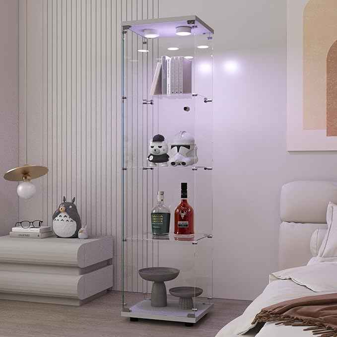 Beauty4U Glass Display Cabinet with LED Light, 4 Shelves, Curio Cabinets for Living Room, Bedroom, Office, White Floor Standing Glass Bookshelf, Quick Installation