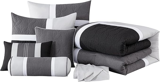 Chezmoi Collection Upland 7-Piece Quilted Patchwork Comforter Set, Black/Gray/Light Gray, Queen