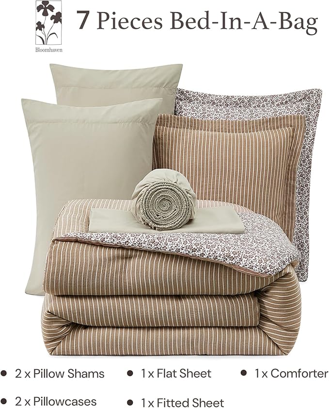 Queen Comforter Set - 7 Pieces Dark Brown Gauze Muslin Bedding Sets for All Seasons, Lightweight Breathable Bed in a Bag Queen with Revesible Farmhouse Comforter, Sheets, Pillowcases & Shams