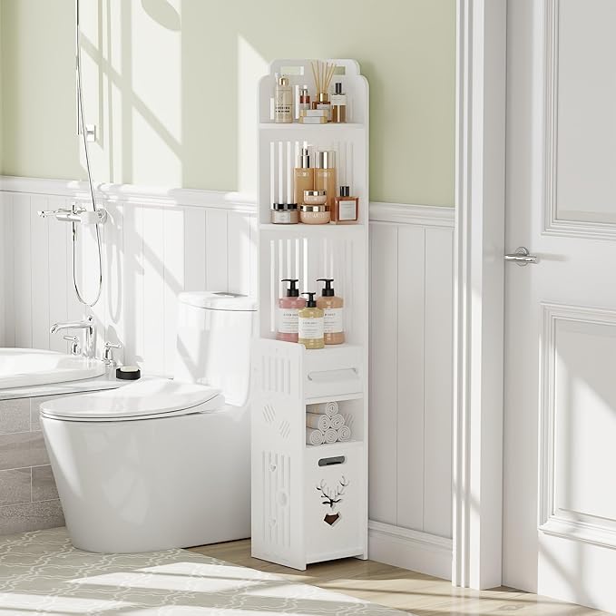 VECELO Storage Cabinet for Small Spaces,Skinny Toilet Paper Holder Stand with 3 Shelves,No Drills, (White, 3Shelf+1Drawer)