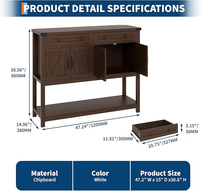 47" Buffet Sideboard Cabinet with 2 Drawers & 4 Barn Doors, Large Farmhouse Kitchen Wood Coffee Bar Cupboard Cabinet, Barn Doors Console Table for Kitchen, Dining Room, Living Room, Entryway, Brown