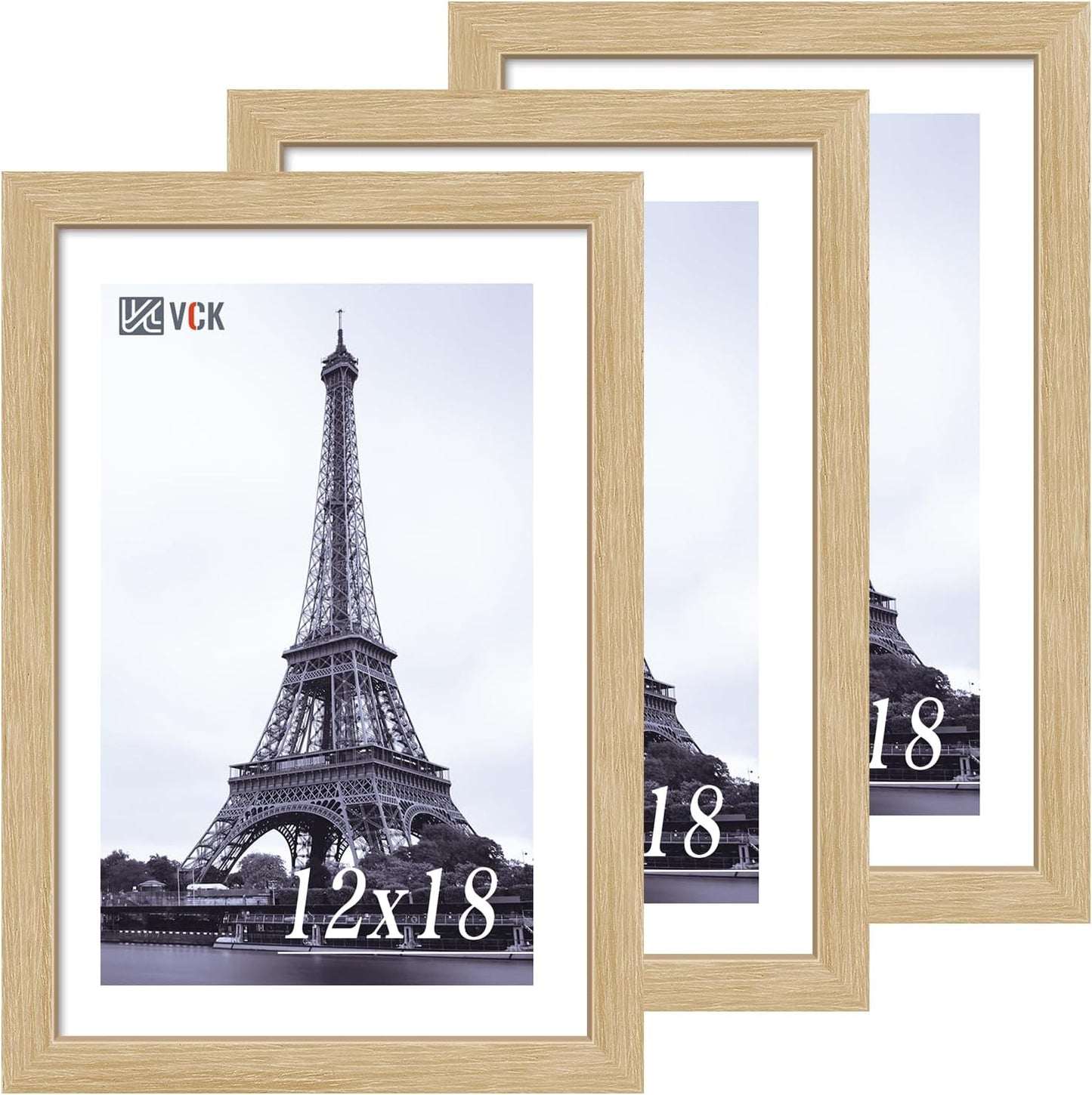 VCK 12x18 Oak Wood Frame for Poster & Picture, Natural Solid Wood Photo Frames 3 Pack, Wall Gallery Frame