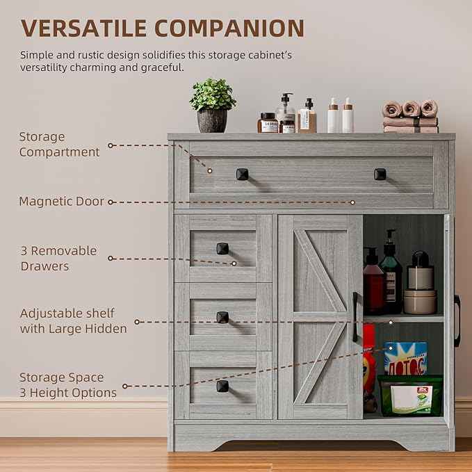 Vabches Farmhouse Storage Cabinet with 2 Doors and 4 Drawers, Freestanding Bathroom Storage Cabinet Kitchen Pantry, Floor Hutch Cupboard for Bathroom/Living Room/Kitchen.(Wash Grey