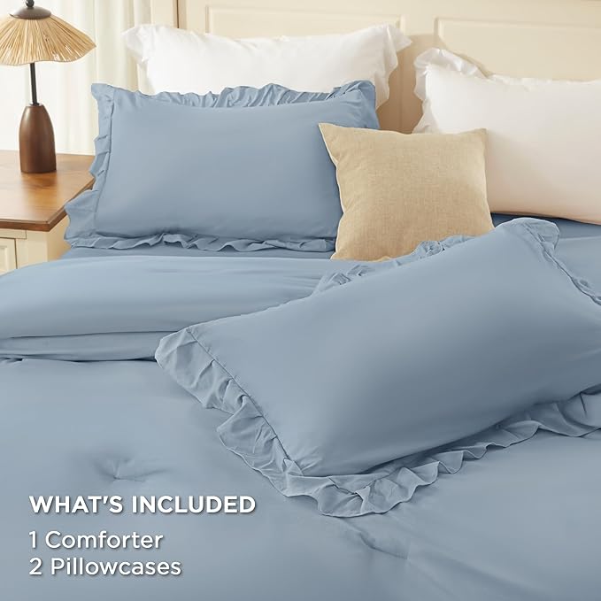 Andency Grayish Blue California King Comforter Set, 3 Pieces Farmhouse Shabby Chic Bedding Comforter Sets, Lightweight Fluffy Soft Microfiber All Season Bed Set(104x96In Comforter)