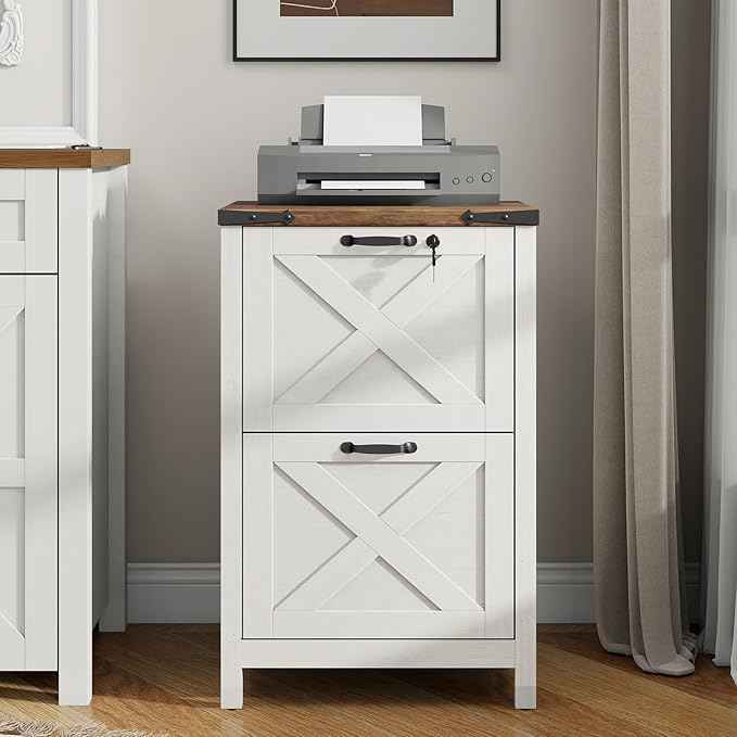 Vabches Vertical File Cabinet with 2 Drawers, Wooden Farmhouse Filing Cabinet for Letter/A4 Size Hanging Files, Under Desk Printer Stand with Storage for Home Office, White and Lock