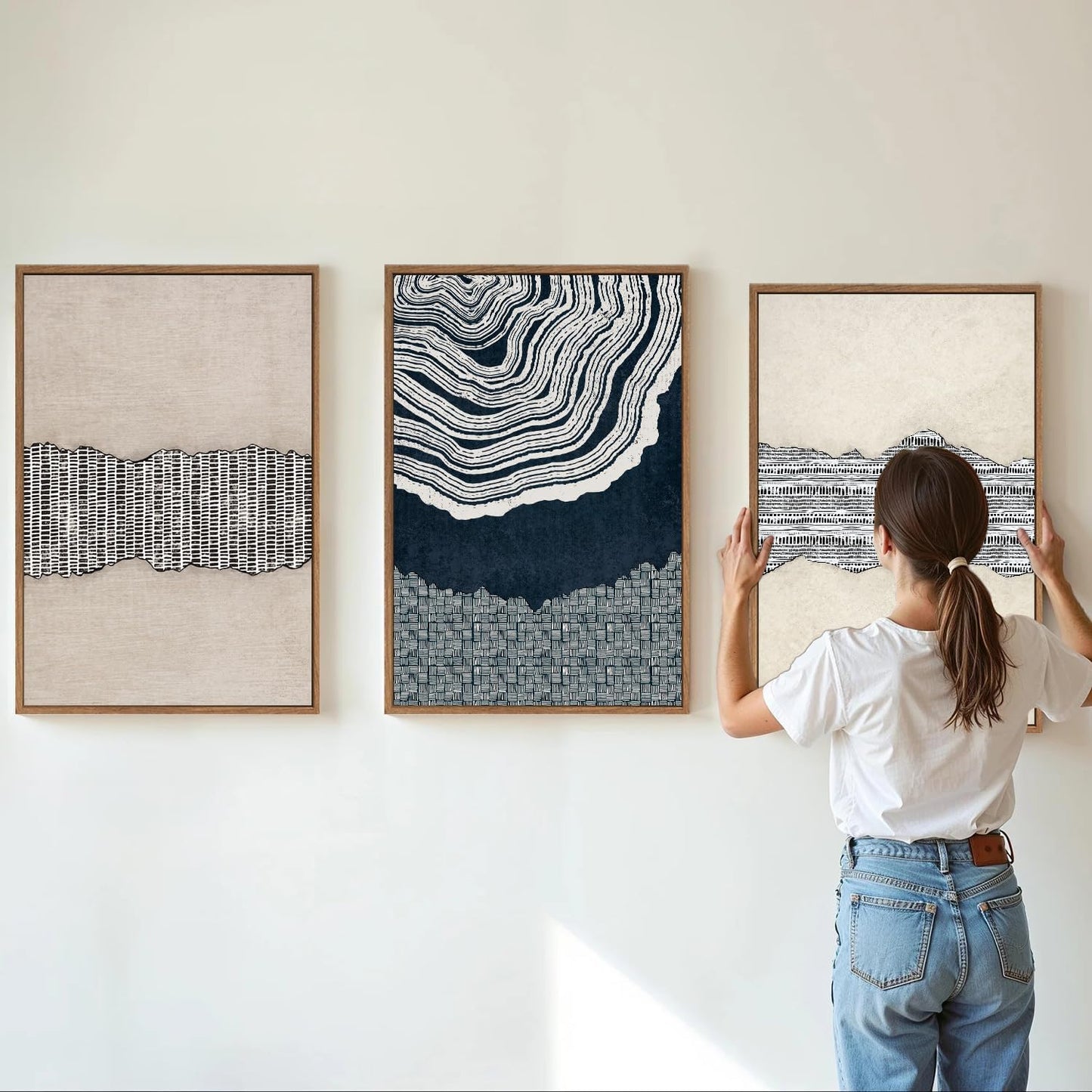 SIGNINART Blue and Beige Framed Canvas Wall Art Set, Neutral Abstract Tree Ring Wall Decor, Minimalist Dots and Line Artwork, Geometric Pattern Art Paintings for Living Room, Bedroom, Office 16"x24"x3