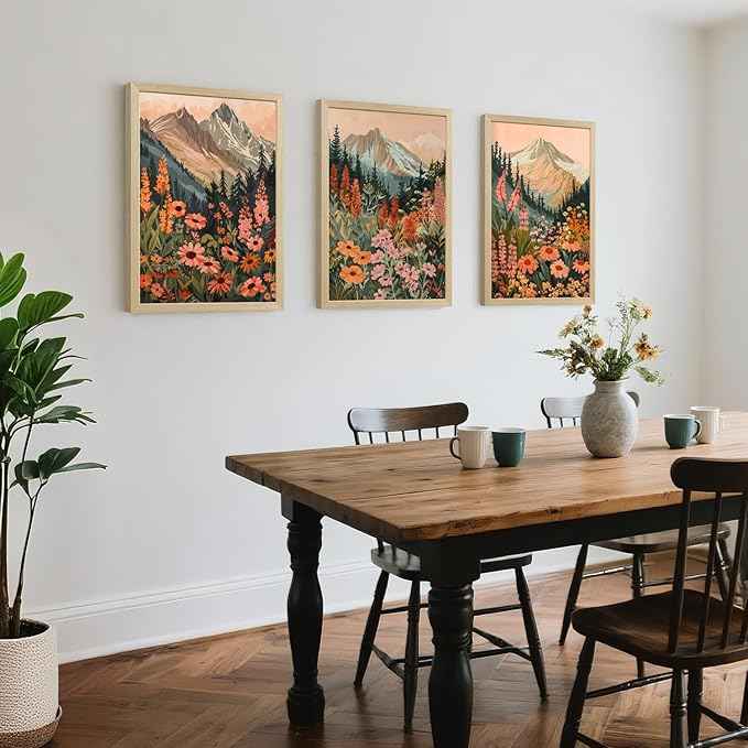 Cyebmo Mountain Wildflower Wall Art Set of 3, Sunset Daisy Flower Wall Decor, Colorful Wildflower Canvas Painting, Nature Botanical Landscape Artwork for Bedroom Living Room Wood Framed 16x24 Inch