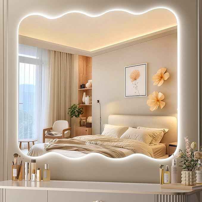 Hasipu Wavy Full Length Mirror with Lights - 36"×36" LED Wavy Floor Mirror, Frameless, Dimmable, Standing or Vertical/Horizontal Wall-Mounted Mirror for Bedroom, Living Room, Cloakroom