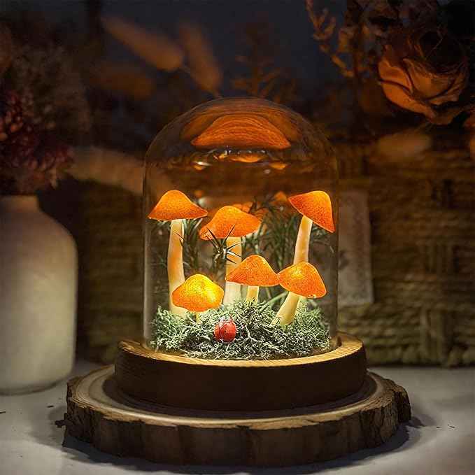 Mushroom Lamp, Decor LED Light in Glass Dome with Base for Home Bedroom Decor Birthday with Birthday Valentines Anniversaries Gifts Box (Orange)