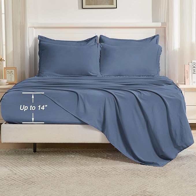 Andency Queen Comforter Set with Sheets Bluish Grey - 7 Pieces Boho Tassel Bed in a Bag Soft Lightweight Bedding Sets, Fringe Bed Set with Comforter, Sheets, Pillowcases & Shams