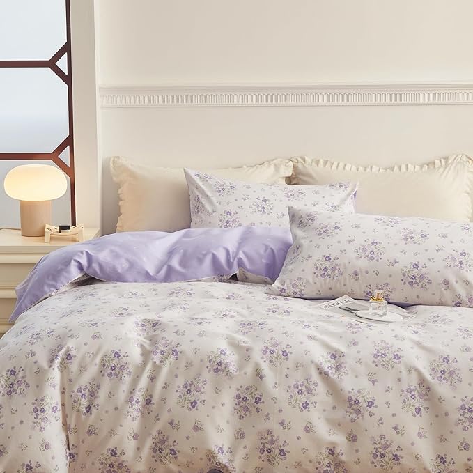 LifeTB Purple Floral Comforter Set Twin XL Fluffy Soft Microfiber Girls Garden Floral Bedding Comforter Botanical Flowers Comforter with 2 Pillowcases Vintage Aesthetic Bedding Twin XL Comforter Set