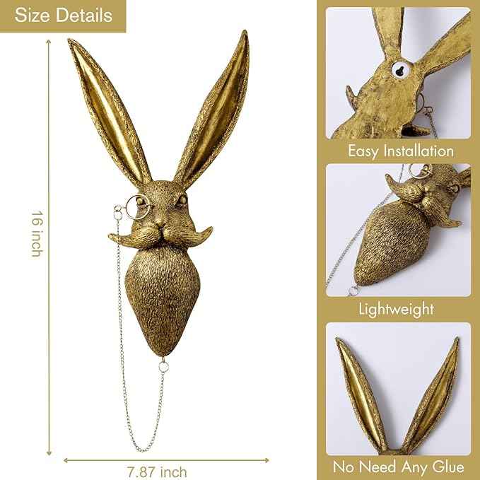 montresor Animal Head Wall Art Sculptures PU Foam Material (NOT RESIN) 16 inchs Gold Rabbit Wall Decor Art for Whimsigoth Home Wall Decor Lightweight Accent Wall Hanging Room Decor
