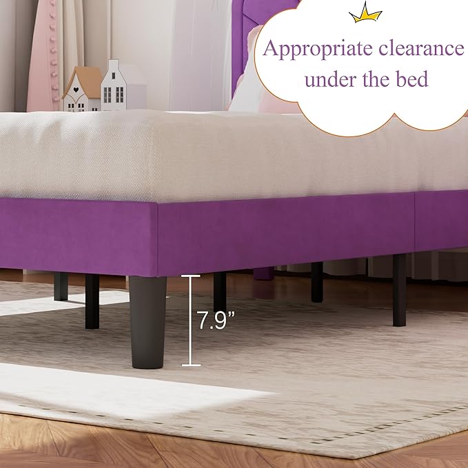 VECELO Twin Size Bed Frame with Crown Headboard, Upholstered Platform Bedframe with Strong Wood Slat Supports, No Box Spring Needed, Purple