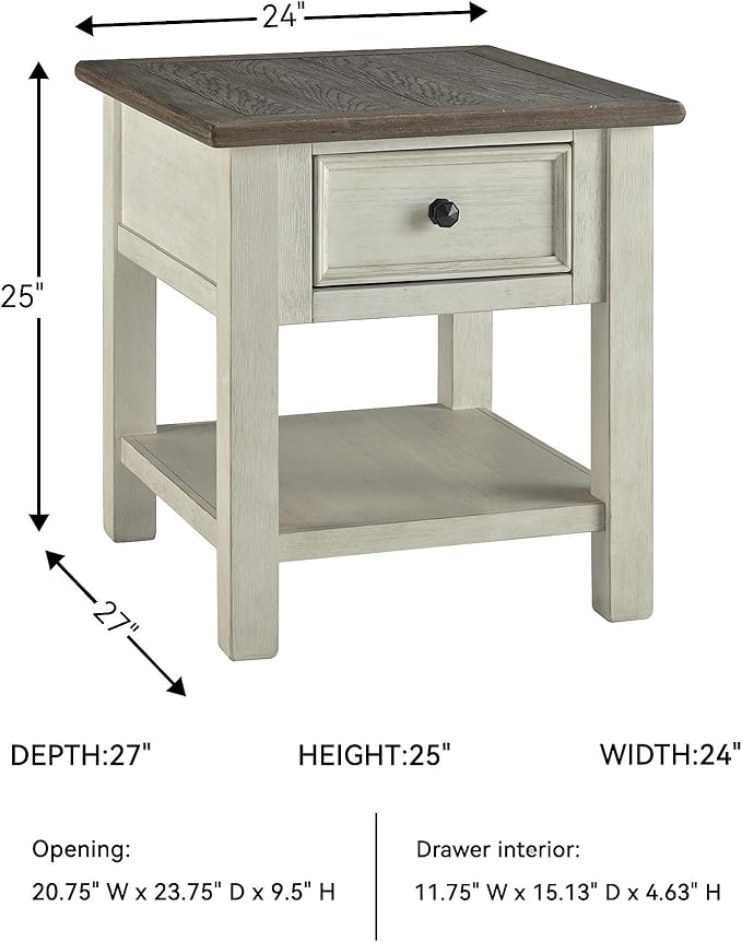 Signature Design by Ashley Bolanburg Farmhouse Rectangular End Table, Plank Style Top, Drawer, Wood, 24" W x 27" D x 25" H, 2-tone Finish, Antique Cream