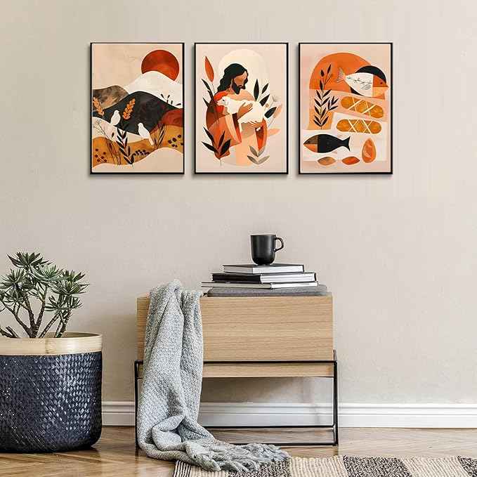 3Pcs Jesus Canvas Wall Art Boho Retro Art Home Posters Prints Jesus Feeds The 5000 Christian Abstract Pictures Wall Decor for Living Room Bedroom Church Decoration Unframed