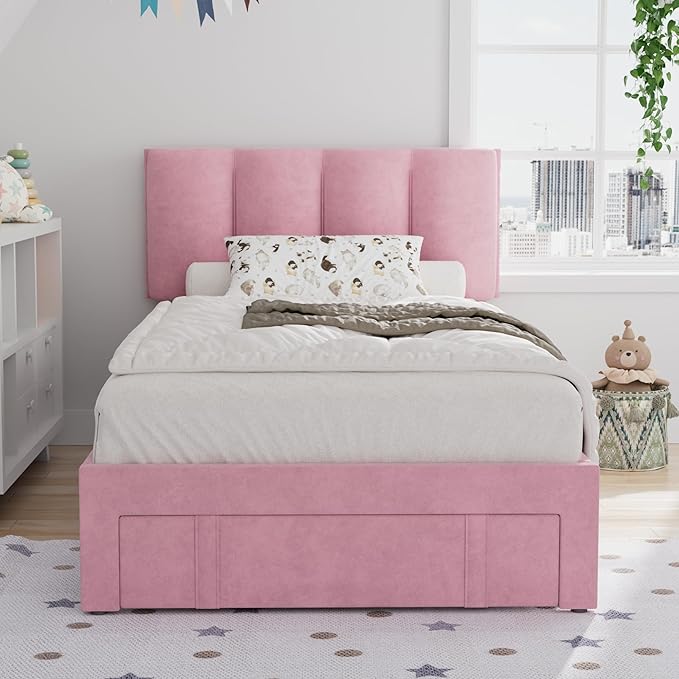 VECELO Twin Size Bed Frame with Storage Drawer, Heavy-Duty Bedframe with Tufted Headboard & Wooden Slats & Steel Framework, No Box Spring Needed, Pink