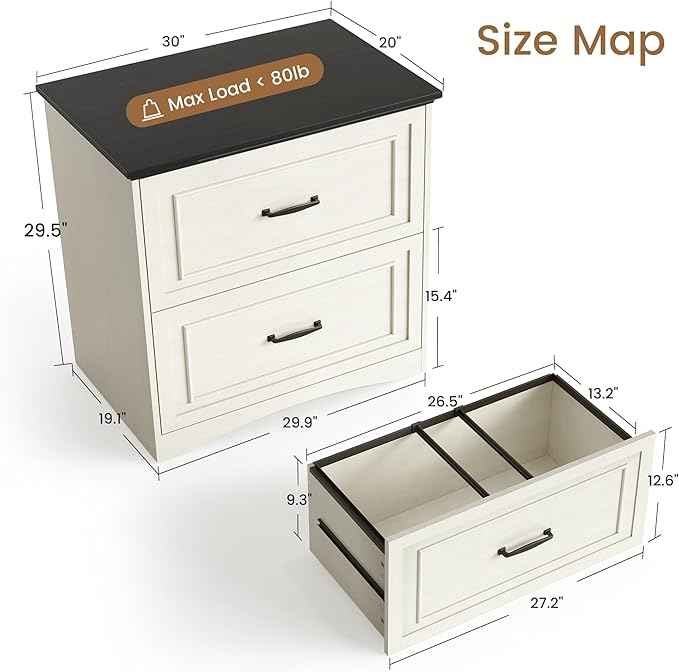 FEZIBO Farmhouse File Cabinet, 30" Lateral Filing Cabinet with 2 Drawers and Hanging Rods, Storage Wood Cabinet for Home Office, Living Room, Bedroom, Pure White