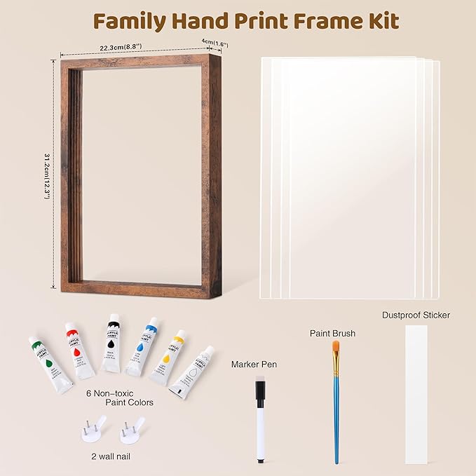 Family Handprint Kit, DIY Craft Keepsake Wooden Frame, Personalized Hand Print Ornament, Family Gifts for New Parents, Grandma and Grandpa, Mother's Day Father's Day, 6 Safe & Non-Toxic Paint