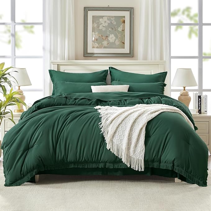 Andency Oversized King Comforter Set Dark Emerald Green 120x98-7 Piece Boho Tassel Bed in a Bag Soft Lightweight Bedding Set, Fringe All Season Bed Set with Comforter, Sheets, Pillowcases & Shams