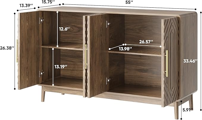 Ball & Cast 55" Modern Sideboard Cabinet with Storage, Carved 4-Door Buffet w/Adjustable Shelves & Solid Wood Legs, Credenza & Accent Cabinet for Living Room, Entryway, Kitchen,Dining Room,Walnut
