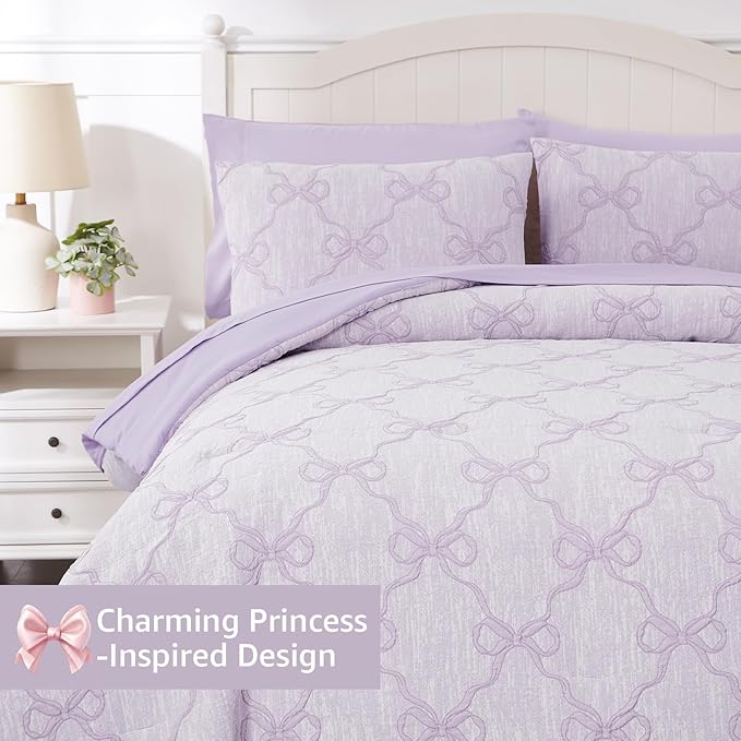 Queen Comforter Set with Sheets for Girls-7 Pieces Queen Bedding Sets with Light Purple Comforter, Sheets, Pillowcases & Shams for Kids (Purple Diamond, 90" X 90")
